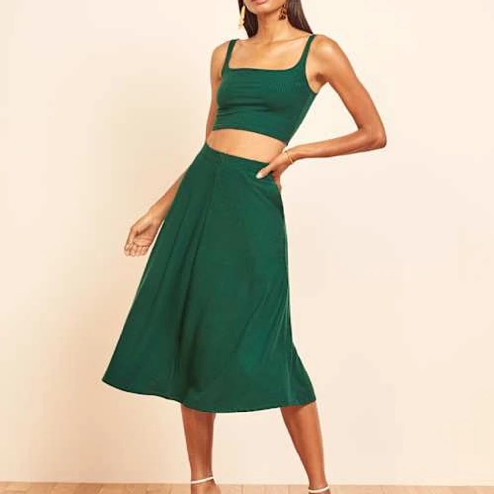 Reformation Green Crop Top/ Midi Skirt Set